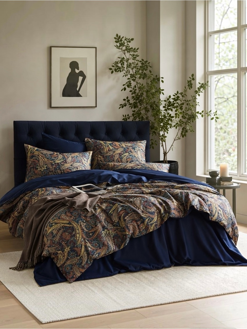 NEW Anthropologie Navy Blue Paisley Boho Queen / King Bedding Duvet & Sham Set